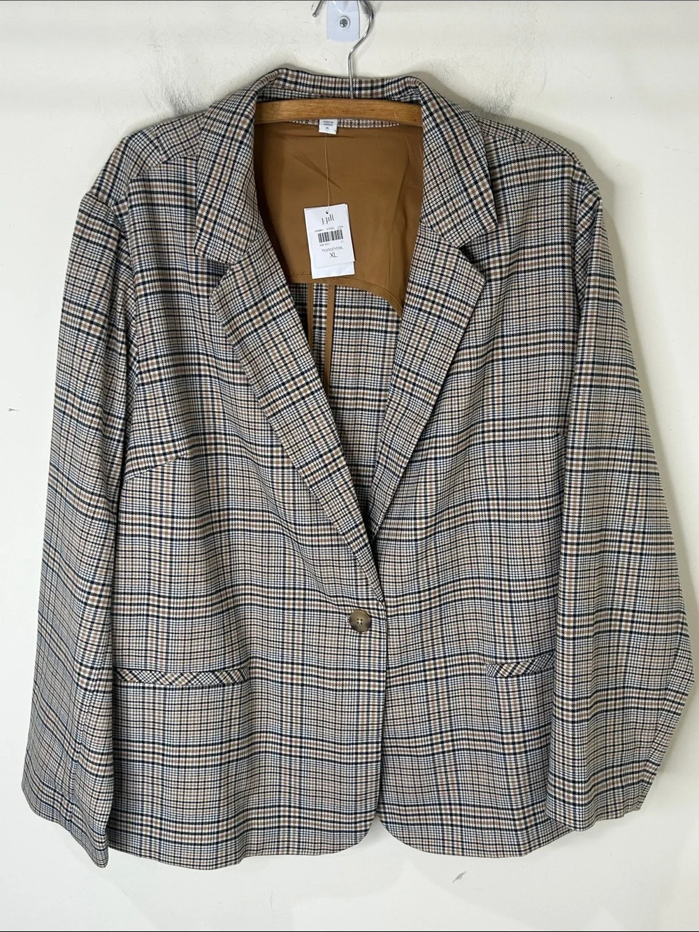 NWT J. JILL Brown Mendocino Houndstooth Plaid One Button Closure Blazer Size XL